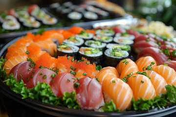 A beautifully arranged sushi platter with a variety of colorful nigiri and maki rolls, ready for students to learn how to recreate them.