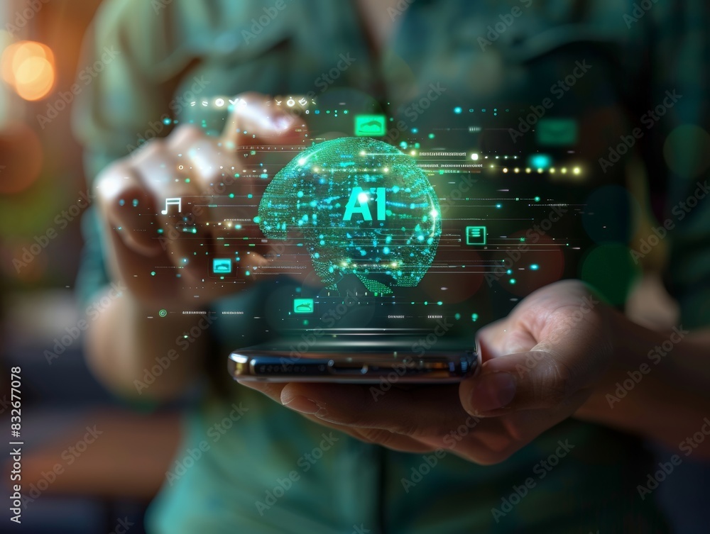 Poster person using a smartphone to interact with a digital globe representing ai technology, showcasing th