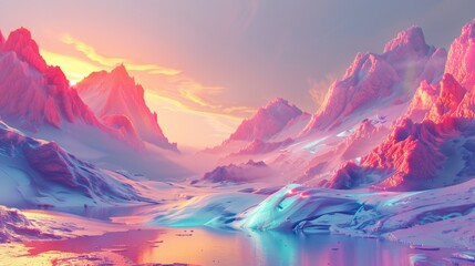 Obraz premium A digital landscape with majestic pink mountains and a lake reflecting a vibrant sunset, creating a surreal and dreamlike atmosphere.