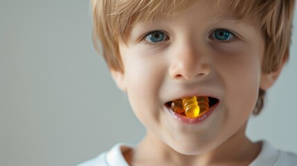 Portrait of an adorable 7 year old boy with a gummy bear in his mouth promoting children s health and immunity with vitamins