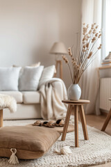 Elegant living room in Scandinavian style. A light sofa with a blanket and pillows, a floor lamp and flowers in a vase.