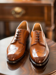 Pair of elegant men's shoes on a shelf in a store, footwear collection, showroom.