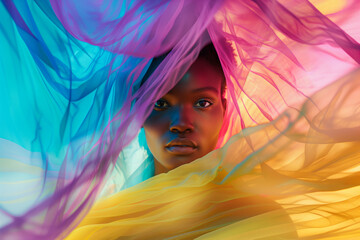 Young black woman wrapped in a long piece of light colorful fabric fluttering in the wind.