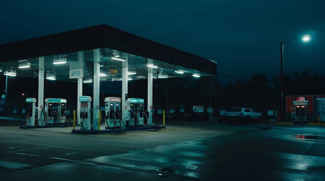 a gas station at night