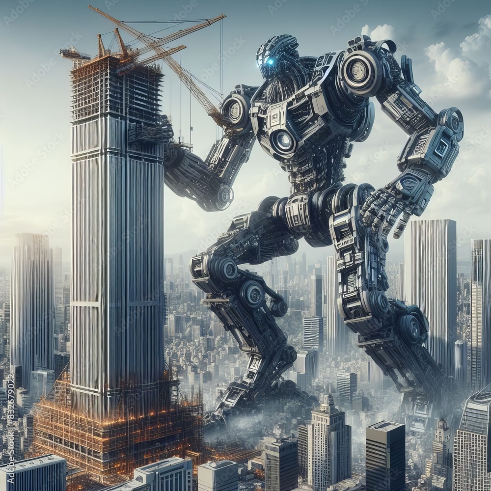 Aufkleber a massive robot with glowing eyes works on building a skyscraper in a dense, futuristic city. the sc