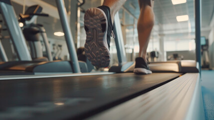 A person is running on a treadmill in a gym