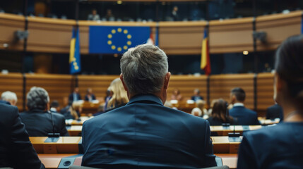 Fototapeta premium A man in a suit is sitting in a large room with many other people