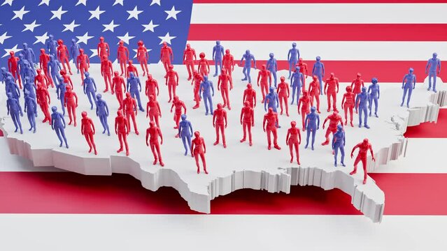 Concept US elections - Blue and red states. Who will win the states? Red and blue characters on map outline of the USA on American flag. Dolly shot. Characters appearing over time.