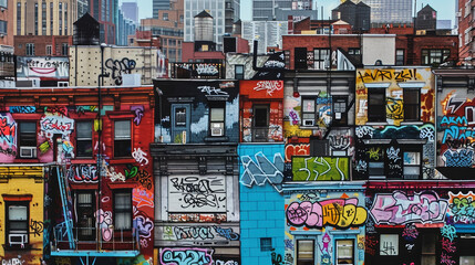 A cityscape with many buildings covered in graffiti