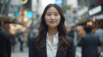 Obraz premium A woman in a business suit stands in a busy city street