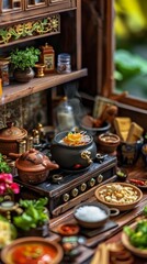 Miniature Thai Kitchen Scene with Clay Pot on Stove - Cooking Thai Cuisine with Tiny Ingredients Concept