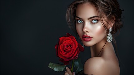 Elegant woman holding a red rose close-up portrait. Fashionable makeup and jewelry. Romantic beauty look. Attractive style and perfect for romantic themes. AI