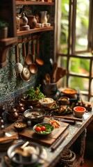 Authentic Miniature Thai Kitchen: Intricate Utensils and Delightful Food Textures