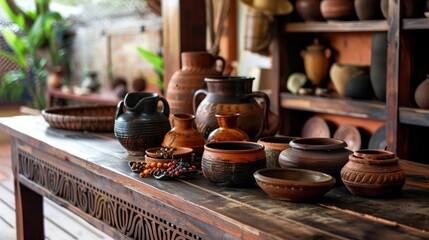 Miniature Thai Kitchen Setting with Clay Pots and Pans on Wooden Counter