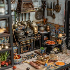 Intricate Thai Style Miniature Kitchen with Authentic Cooking Utensils in High Resolution