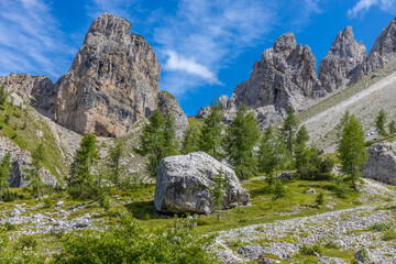 Dolomites beautiful mountain landscape on a sunny day. Hiking in the Alps in Italy, South Tirol mountain range of Alpi Dolomiti di Sesto near Cortina di Amprezzo and Tre Cime di Lavaredo alpine scene