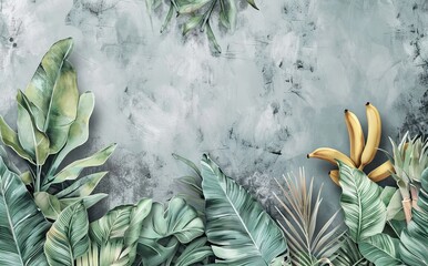 Illustration of a tropical wallpaper pattern with watercolor texture, palm leaves, and banana leaves. a background with texture and tropical vegetation. AI generated illustration