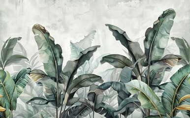 Illustration of tropical wallpaper print design with palm banana leaves and birds on canvas texture. Tropical plants and birds on textured background. AI generated illustration
