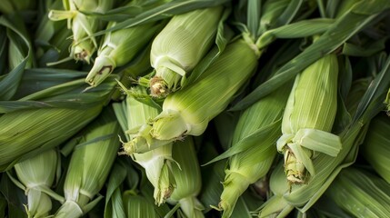 Obraz premium A stack of freshly picked corn on the cob still in their vibrant green husks.