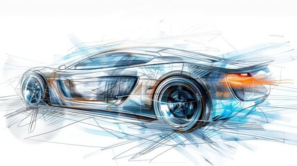 A car is depicted in a three dimensional sketch
