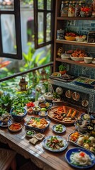 Fototapeta premium Miniature Thai Kitchen: Tiny Setup with Authentic Plates and Traditional Cuisine