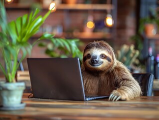 A Sloth Working on a Laptop Computer in a Cafe Setting, Enjoying His Work and a Moment of Peace
