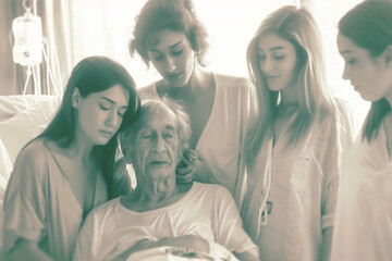 A person being embraced by their family in a hospital room, with soft, soothing colors to highlight the importance of support during tough times