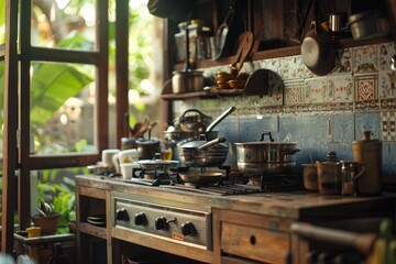 Cozy Thai Style Miniature Kitchen with Tiny Pots and Pans on Wooden Stove Bathed in Natural Light