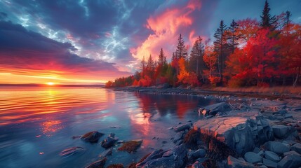 Sunrise over the rocky shore, autumn foliage and pine trees, colorful sky with sun rays reflecting on the water. River flowing amidst rocky shores, creating a picturesque natural landscape. - Powered by Adobe