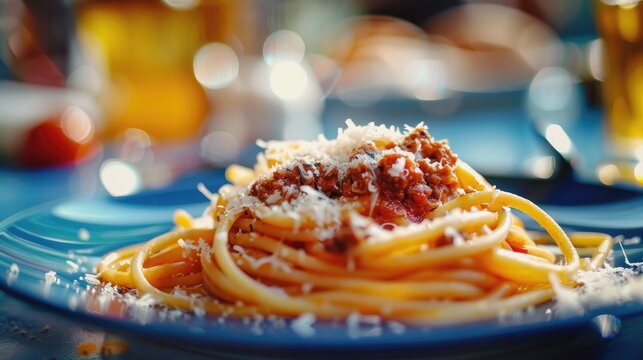 Spaghetti Pasta with Bolognese Sauce Topped with Parmesan Cheese Served on Blue Plate