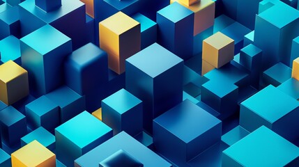 Abstract 3D Render of Blue and Yellow Cubes, Geometric Pattern, Modern Design