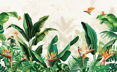 Illustration of tropical wallpaper print design with palm banana leaves and birds on canvas texture. Tropical plants and birds on textured&nbsp;background. AI generated illustration