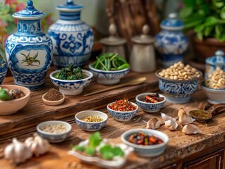 Fototapeta premium Miniature Thai Kitchen Set with Tiny Bowls of Ingredients and Cooking Utensils for Culinary Dollhouse Display