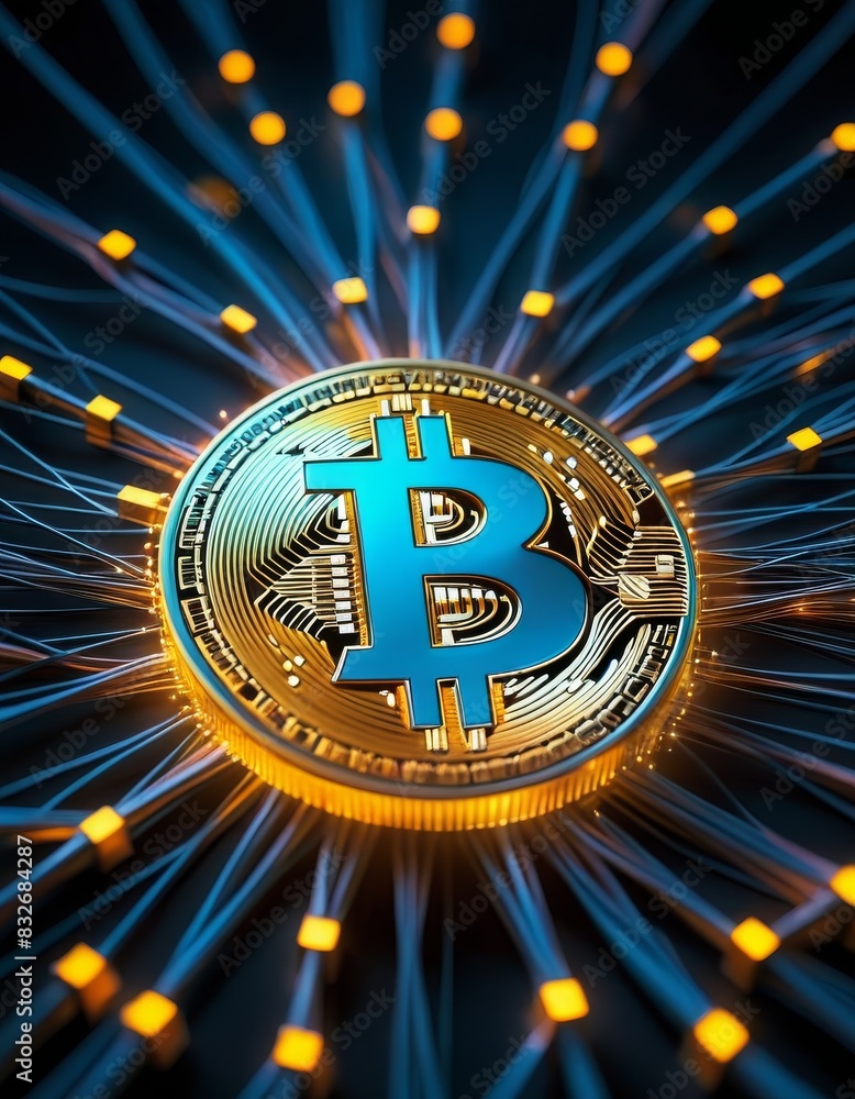 Poster close-up of a golden bitcoin symbol connected through a network of wires, highlighting the digital a