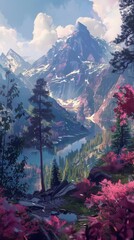 Vibrant digital artwork of a tranquil lake amidst towering mountains and colorful flora