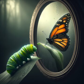 Fototapeta A green caterpillar and a colorful monarch butterfly are positioned on opposite sides of an oval mirror with droplets of water on its surface