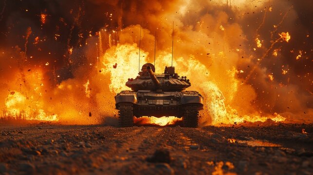 Battle tank in fiery explosion