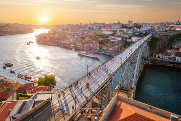 View of Porto city and Douro river and Dom Luis bridge I from famous tourist viewpoint Miradouro da...