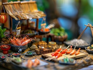 Tiny Thai Kitchen Scene with Miniature Seafood and Cooking Utensils for Culinary Creativity and Play