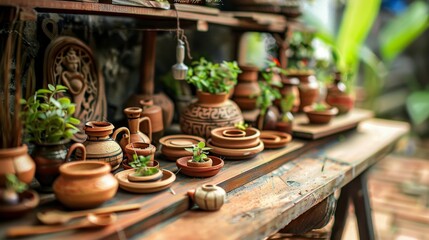 Fototapeta premium Miniature Thai Kitchen with Clay Pots and Pans on Wooden Counter