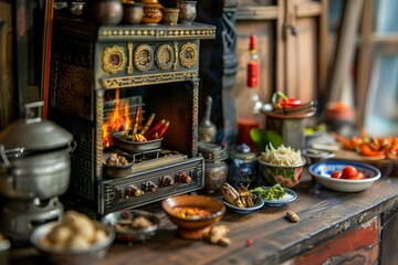 Miniature Thai Kitchen Setup with Tiny Stove and Culinary Ingredients for Cooking