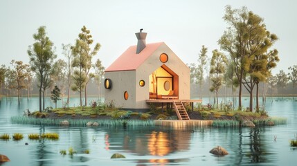 Fototapeta premium Modern minimalist house with large windows and a wooden deck on a small island in a lake with trees around