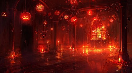 Illustrate a spooky, dimly lit dance floor with Halloween decorations