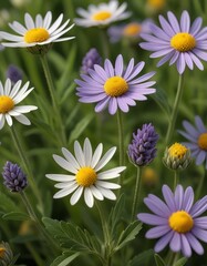 Fototapeta premium Close-up view of purple and white daisies interspersed with lavender in a lush garden, showcasing the beauty of wildflowers and natural colors.. AI Generation