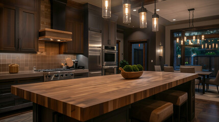 A Modern Craftsman kitchen showcasing a spacious island with a butcher block top, elegantly lit by custom pendant lighting