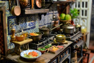 Intricate Thai Miniature Kitchen Display with Tiny Utensils and Food Textures