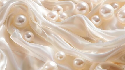 A closeup of delicate pearls swirling in soft, creamy cream, creating an elegant and luxurious background for text or design.