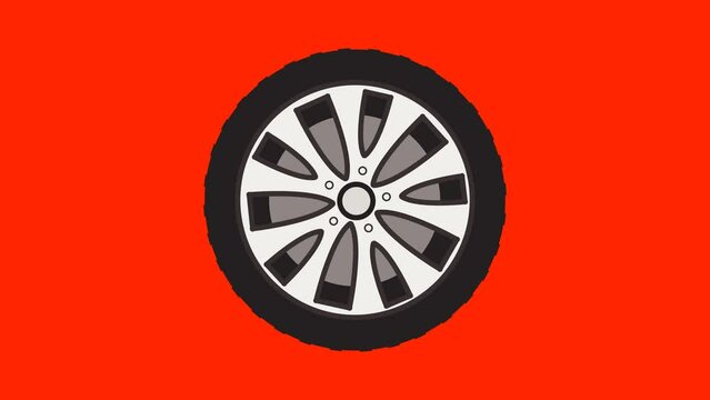 Image of animated rotating car wheels with red background. 4K Video Recording. Car Wheel Spin.