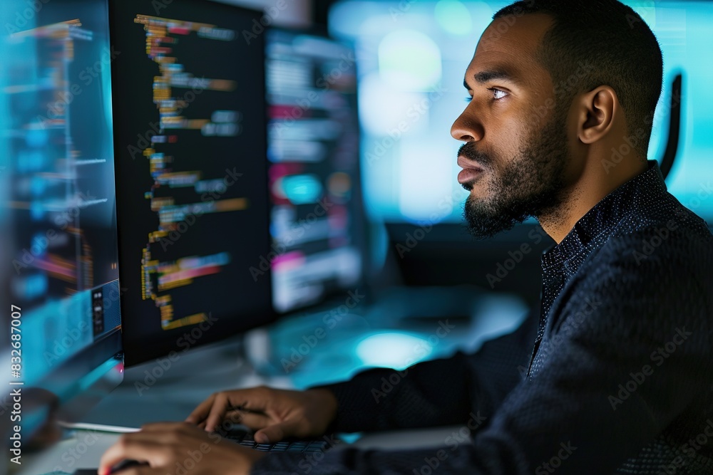 Poster focused man coding on multiple computer screens in dark room