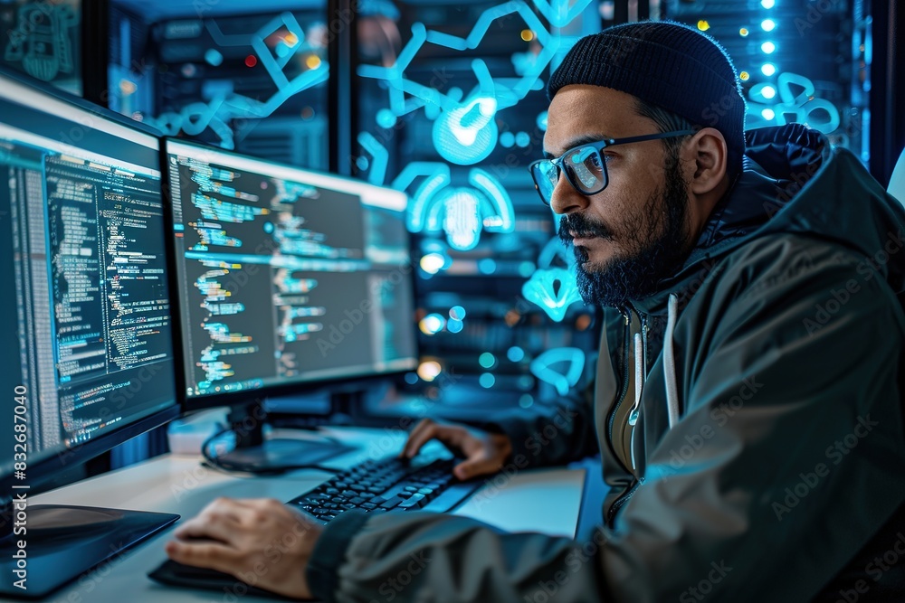 Poster Modern coder at work with futuristic interface holograms